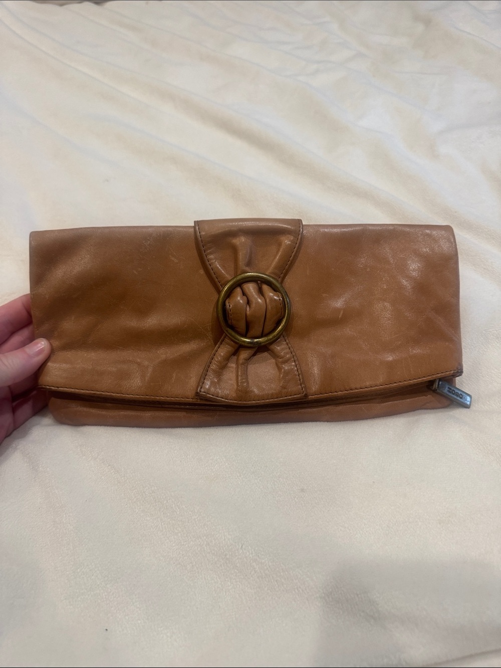 Hobo International Ring Bow Leather Foldover Clutch tan